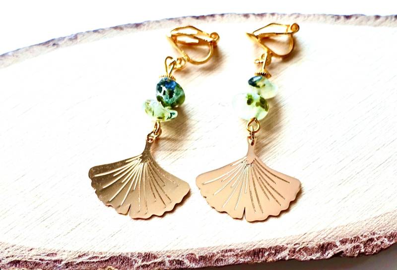 Ohrclips "Gingoblatt Mit Edelstein-Prehnit Nuggets Ohrschmuck Edelsteine von MsSchmuck