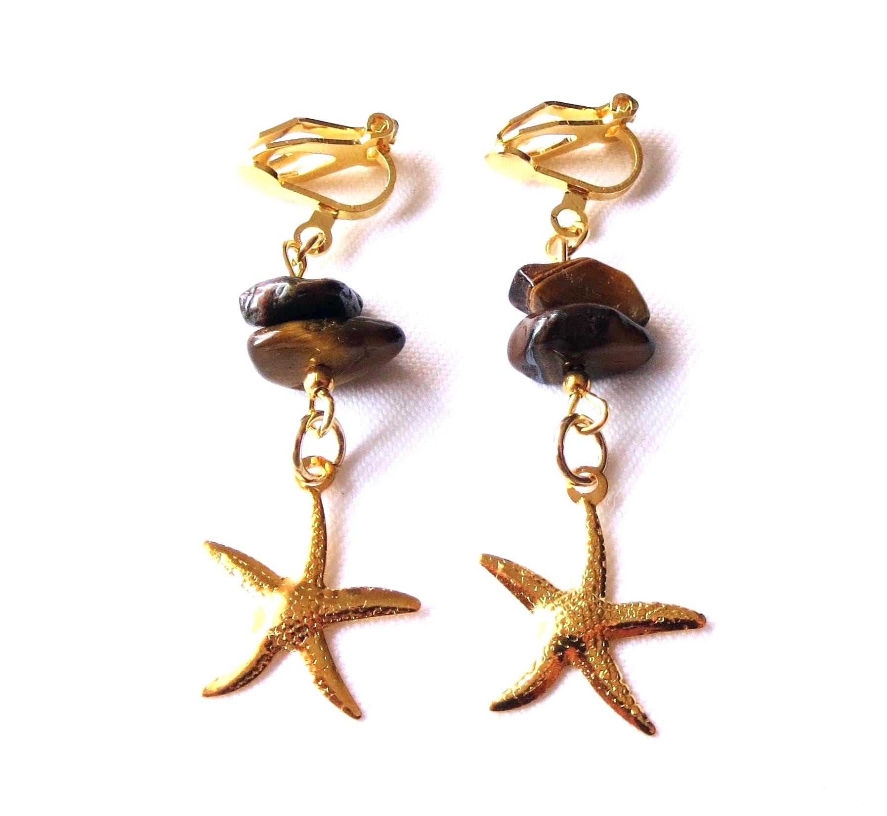 Ohrclips Mit Natürlichen Tigerauge-Splittern Und Messing Seesternen Ohrschmuck Unisex Geschenkidee Ohrclips Mit Natürlichen Tigerauge-Splittern Und Messing Seesternen Ohrschmuck Unisex Geschenkidee von MsSchmuck