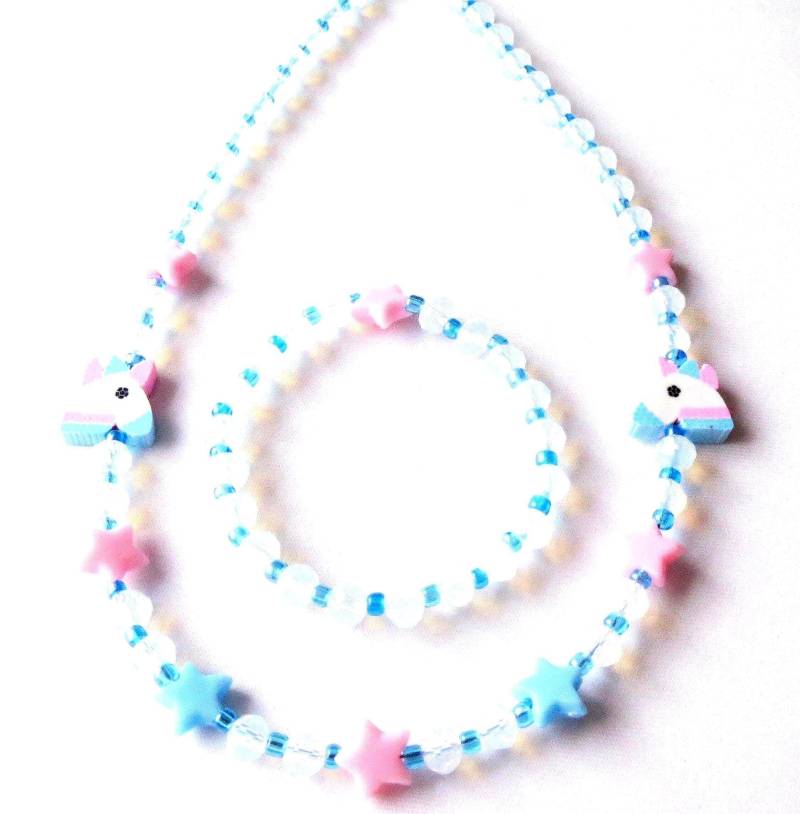 Opalit Schmuckset Kette Und Armband Mit Einhorn-Perlen Acryl Sternchen Kinderschmuck Mädchenschmuck Geschenkidee von MsSchmuck