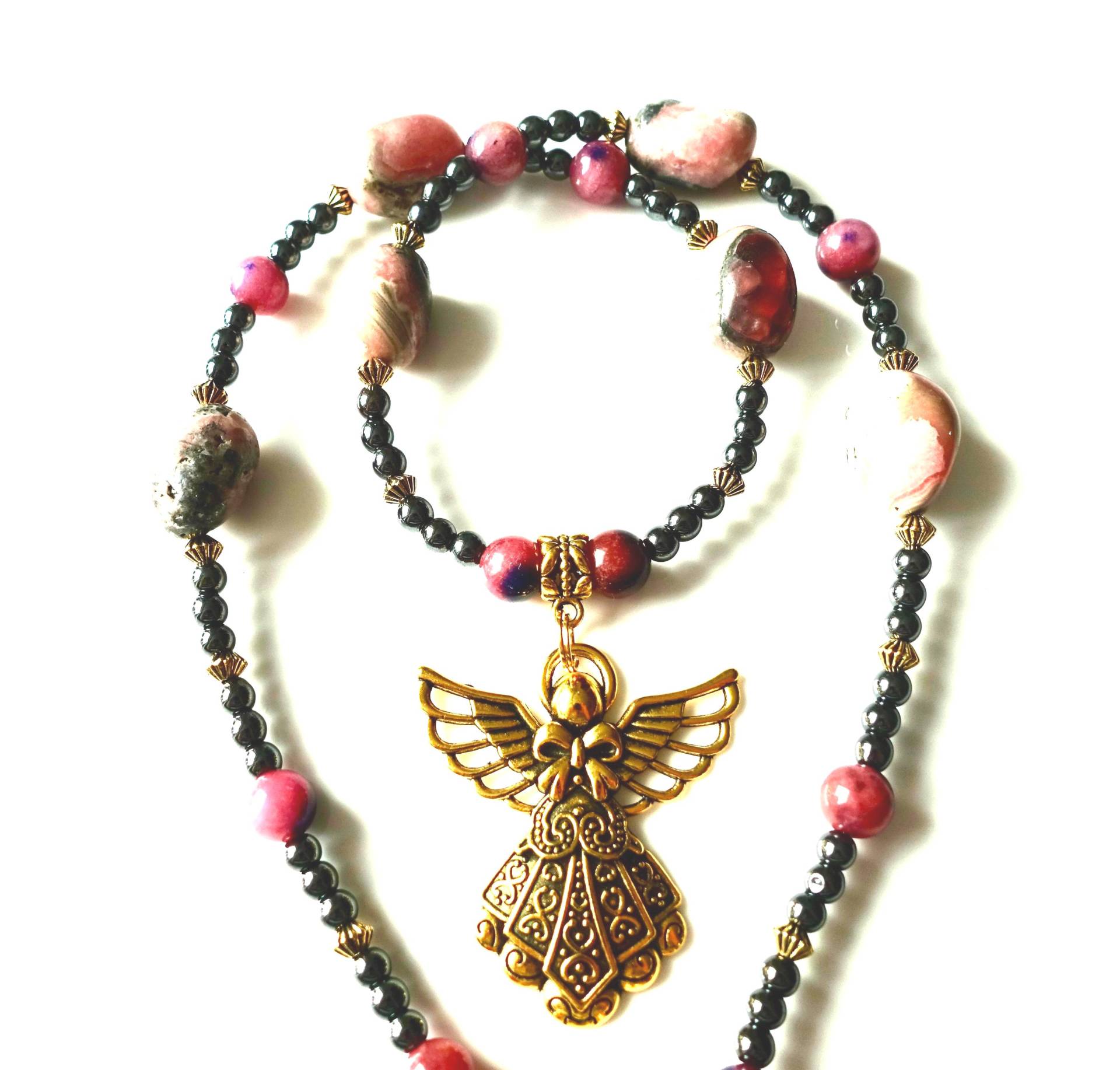 Rhodonit-Sugilith-Hämatit Kette Mit Großen Engel-Anhänger Halskette Perlen Anhänger Boho Und Hippie Unisex Rhodonit-Sugilith-Hämatit Kette Mit Großen Engel-Anhänger Halskette Perlen Anhänger Boho Und Hippie Unisex von MsSchmuck