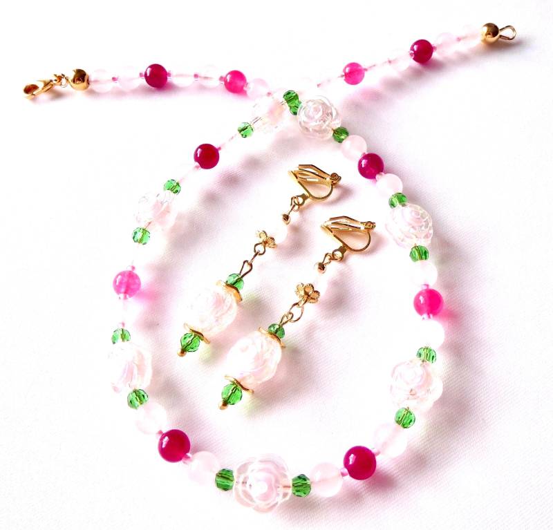 Rosenquarz-Jade-Schmuckset Kette Und Ohrclips Schmucksets Mädchenschmuck von MsSchmuck