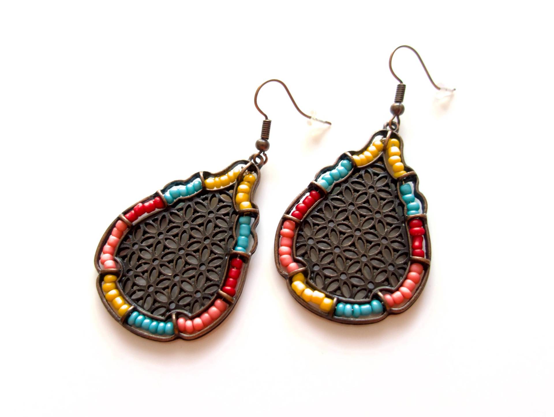 Rotkupfer Ohrhänger Tropfen Mit Bunten Glasrocailles Ohrschmuck Boho Und Hippie Vintage Unisex von MsSchmuck