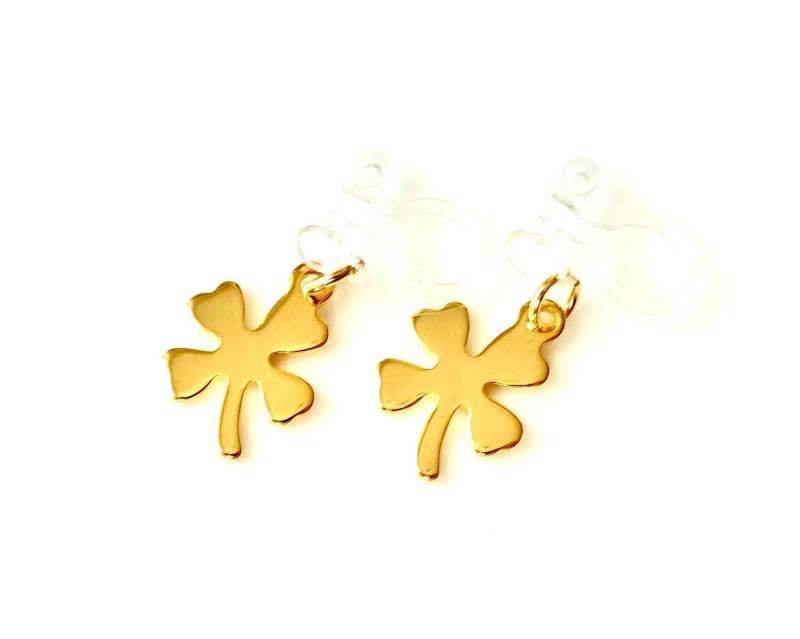Schmerzfreie Ohrclips Mit Vergoldeten Edelstahl Kleeblatt-Anhängern Ohrschmuck Ohne Ohrloch Unisex Geschenkidee von MsSchmuck