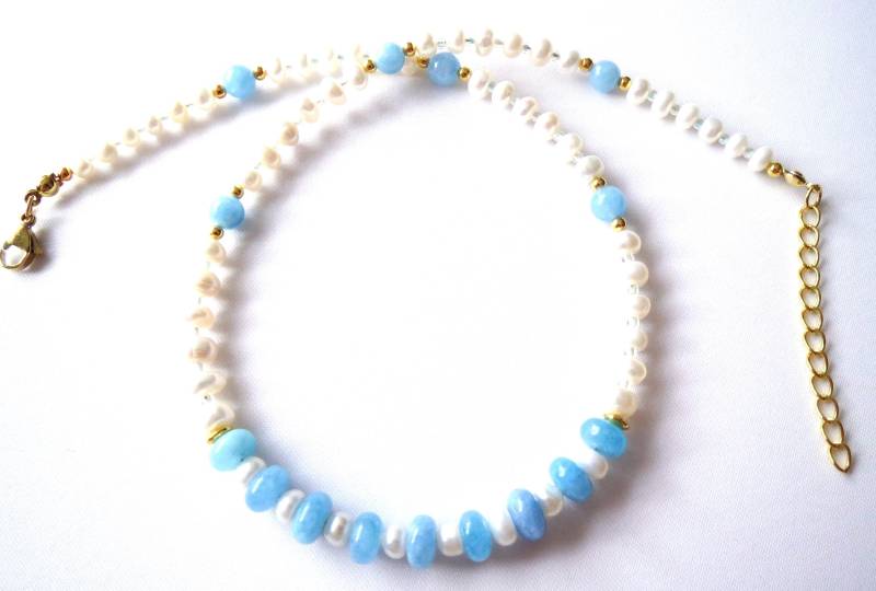 Süßwasser-Perlenkette Mit Natürlichen Aquamarin-Perlen | Rondelle Edelstein-Perlenkette Halskette Perlen Schlicht Elegant Geschenkidee von MsSchmuck