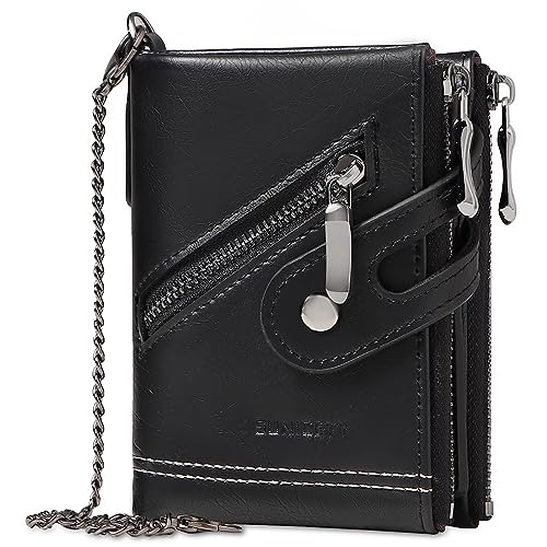 Herren Geldbörse RFID Schutz - Geldbeutel mit Kette - Echtleder Geldbeutel - Reißverschluss Geldbörse - Großer Herren Portmonaise -Portmonee Wallet Brieftasche Männer Portmonaise Kartenetui,Black von MsiDtsoy