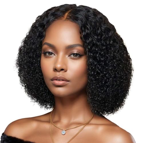 Msiud Kurze lockige Bob Echthaarperücke, Echthaar Verworrene Lockige Perücke Lace Front Wig Short Culry Synthetische Faser Afro für Schwarze Frauen Glueless Bombe Daliy Party Gebrauch von Msiud
