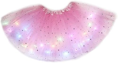 Mädchen Tüllrock Tutu Pailletten Stern Princess Rock Minirock Mit LED Tanzkleid Dehnbaren Tütü Röcke Ballettrock für Party Tanzen (Rosa) von Msrlassn