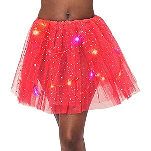 Msrlassn Damen Tüllrock Stern Pailletten Tütü Rock mit LED Lichter Minirock Dehnbaren Tutu Rock Erwachsene Ballettrock Tüllrock für Party Ballett Tanzen (Rot) von Msrlassn