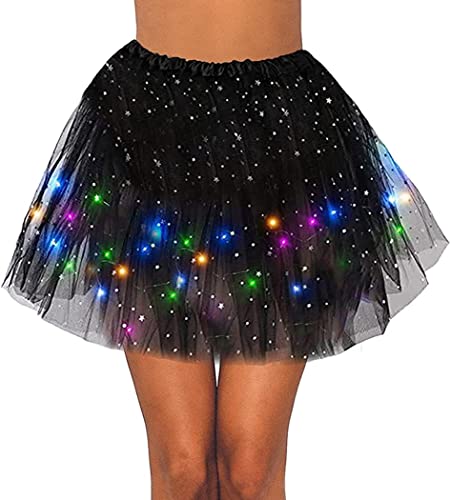 Msrlassn Damen Tüllrock Stern Pailletten Tütü Rock mit LED Lichter Minirock Dehnbaren Tutu Rock Erwachsene Ballettrock Tüllrock für Party Ballett Tanzen (Schwarz) von Msrlassn