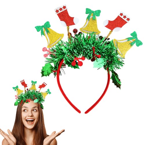 Mtruil Weihnachts-Stirnband mit grünem Glitzer, Weihnachtsbaum-Stirnband mit Weihnachtsglockensocken-Design, roter Weihnachts-Haarreifen, Weihnachts-Stirnbänder für Frauen (Xmas-Serie, 1 Stück) von Mtruil