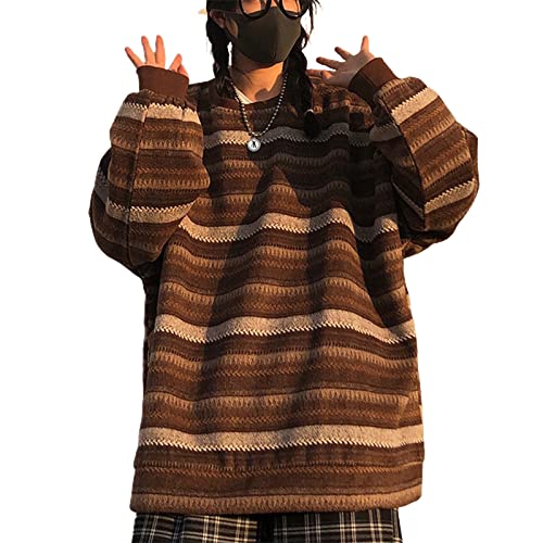 Damen Y2K Argyle Gestreifter Pullover Sweater Casual Langarm Rundhals Vintage Preppy Style Pullover Strickwaren, Braun-c, Groß von Mtsebmves