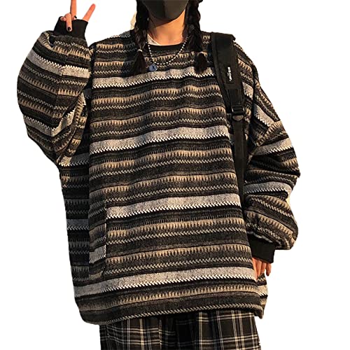 Damen Y2K Argyle Gestreifter Pullover Sweater Casual Langarm Rundhals Vintage Preppy Style Pullover Strickwaren, Braun-d, X-Groß von Mtsebmves