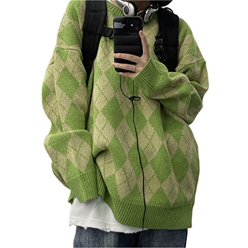 Damen Y2K Argyle Gestreifter Pullover Sweater Casual Langarm Rundhals Vintage Preppy Style Pullover Strickwaren, Green-a, Mittel von Mtsebmves