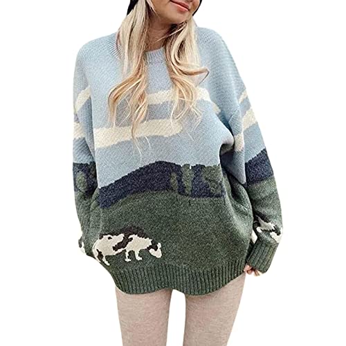 Damen Y2K Argyle Gestreifter Pullover Sweater Casual Langarm Rundhals Vintage Preppy Style Pullover Strickwaren, Green-c, XX-Large von Mtsebmves