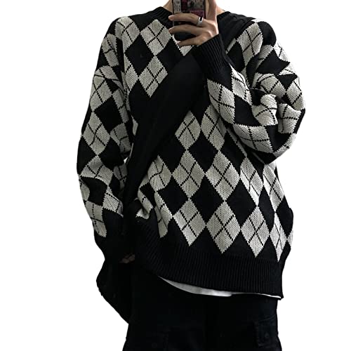 Damen Y2K Argyle Gestreifter Pullover Sweater Casual Langarm Rundhals Vintage Preppy Style Pullover Strickwaren, Schwarz (Black-b), Mittel von Mtsebmves