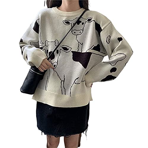 Damen Y2K Argyle Gestreifter Pullover Sweater Casual Langarm Rundhals Vintage Preppy Style Pullover Strickwaren, weiß-b, Mittel von Mtsebmves
