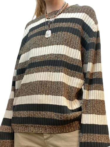 Frauen Y2K Argyle Streifen Pullover Casual Langarm Rundhals Vintage Preppy Stil Strickwaren, Grau#a, Groß von Mtsebmves