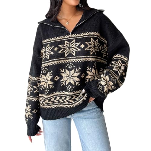 Frauen Y2K Argyle Streifen Pullover Casual Langarm Rundhals Vintage Preppy Stil Strickwaren, Schwarzer Reißverschluss, XX-Large von Mtsebmves