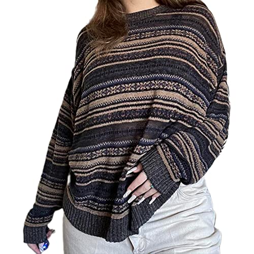 Mtsebmves Frauen Y2K Argyle Streifen Pullover Pullover Casual Langarm Rundhals Vintage Preppy Stil Pullover Strickwaren, Brown-a, X-Groß von Mtsebmves