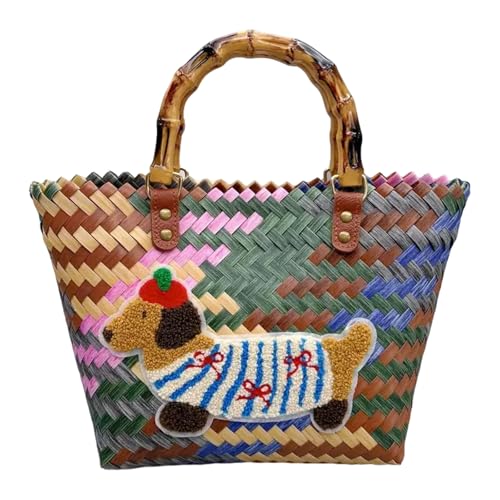 Mtucegi Retro Gestreifte Dackel Gewebte Tasche Mehrfarbigen Damen Pendler Beach Bags Casual Handtasche Gewebter Strand von Mtucegi