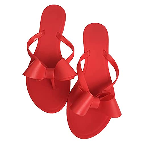 Damen Flip-Flops Perlen Schleife Sandalen Strand Flach Nieten Regen Gelee Gold Perlen, Rot (rot), 37 EU von Mtzyoa