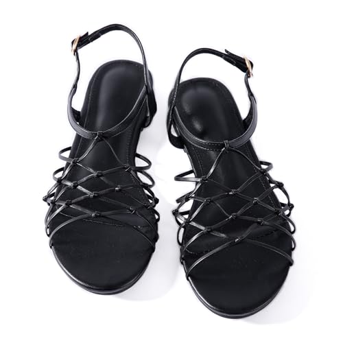 Mtzyoa Damen Riemchensandalen flach geknotetes Design Slingback Open Toe Creme, Schwarz, 39.5 EU von Mtzyoa