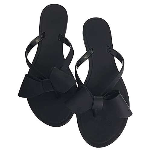 Mtzyoa Flache Damen-Flip-Flops, Jelly-Schleife, Strand, flache Nieten, Regen, niedlich, elegante Sommersandalen, Schwarz, 39.5 EU von Mtzyoa