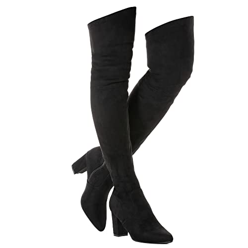 Mtzyoa Oberschenkel High Block Heel Stiefel Frauen Spitze Zehe Stretch über das Knie Stiefel, Schwarz (elastisches Band), 39 EU von Mtzyoa