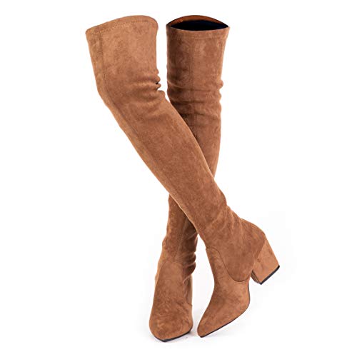 Mtzyoa Oberschenkelhohe Blockabsatz Damen Stiefel Spitze Zehenbereich Stretch Overknee Stiefel, Taupe, 40.5 EU von Mtzyoa