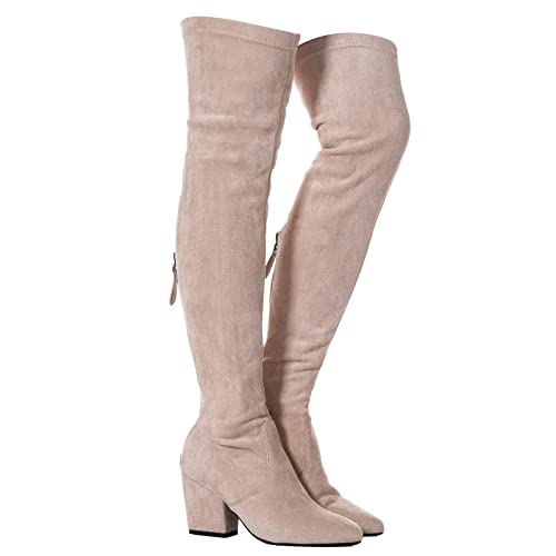 Mtzyoa Oberschenkelhoher Blockabsatz, Damenstiefel, spitzer Zehenbereich, Stretch, Overknee-Stiefel, Cremefarben/7,6 cm Absatz, 38 EU von Mtzyoa