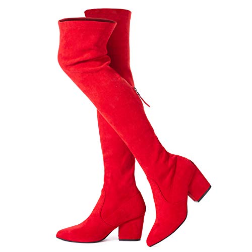 Mtzyoa Oberschenkelhoher Blockabsatz, Damenstiefel, spitzer Zehenbereich, Stretch, Overknee-Stiefel, Rot/7,6 cm Absatz, 41 EU von Mtzyoa