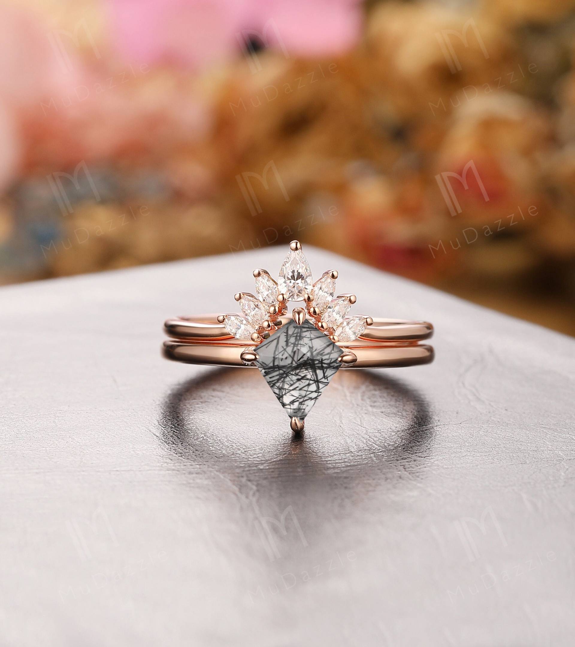 1.25Ct Kite Cut Natürlicher Schwarzer Rutilquarz Braut Set Rose Gold/Quarz Verlobungsring Vintage Edelstein Frauenring von MuDazzle