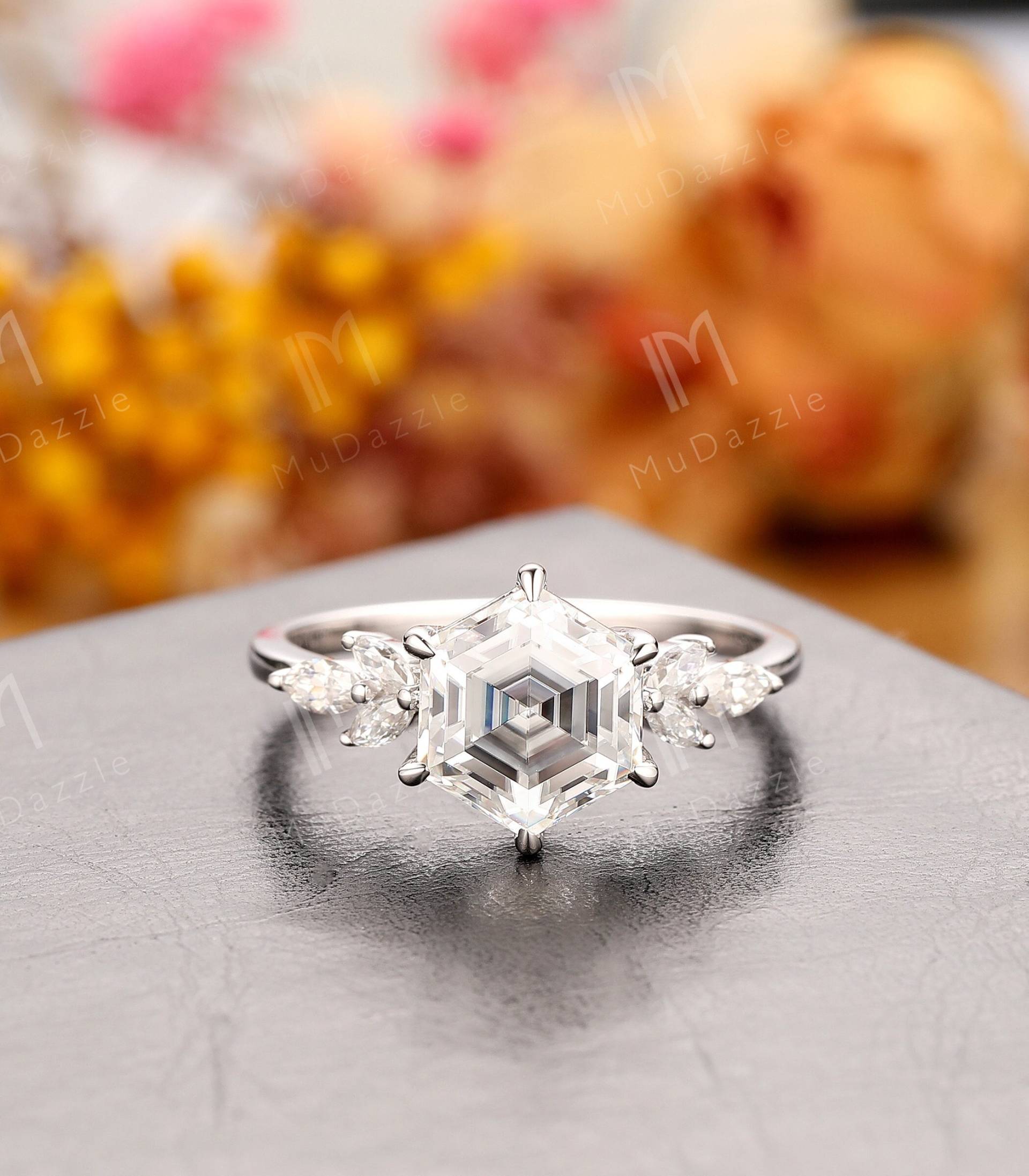 6 Prong Set Hexagon Form Moissanite Verlobungsringe // 2.2Ct 8mm Cut Simulierte Diamant Versprechen Ehering/Vintage Ring von MuDazzle