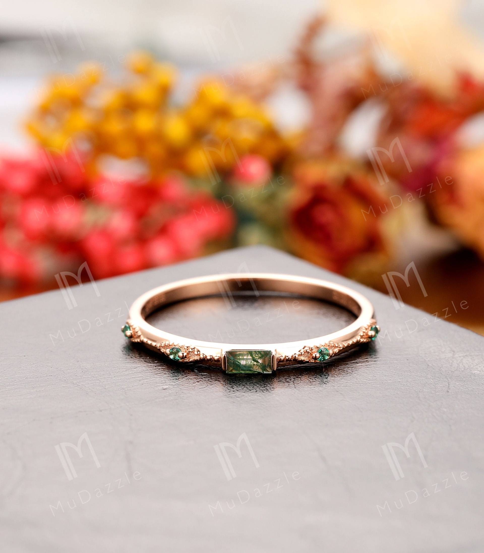 Filigraner Ehering/Vintage Natürlicher Moos Achat Verlobungsring Antiker Baguette Versprechen Ring Abschluss Geschenk Für Mädchen von MuDazzle