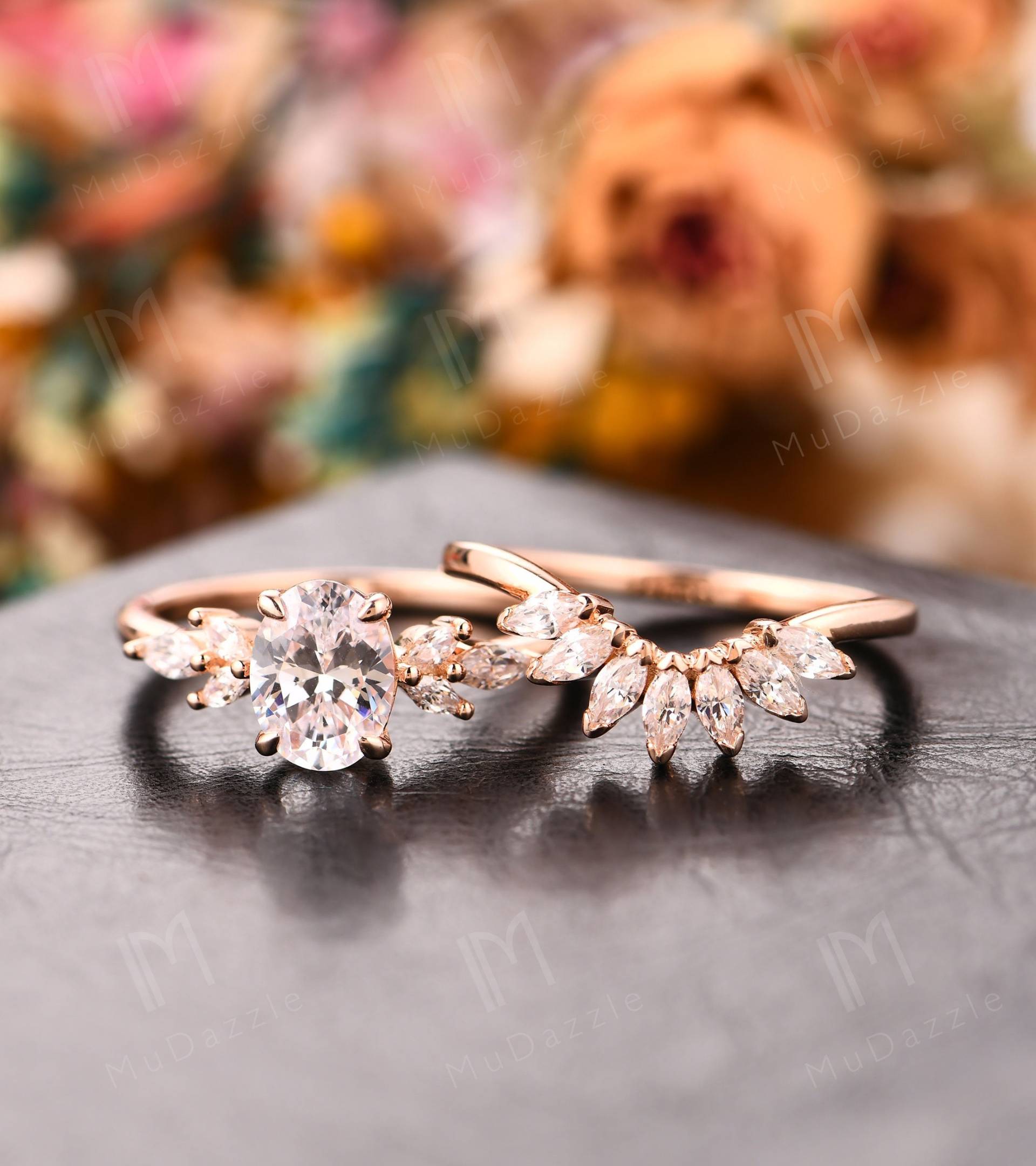 Frauenring Rosegold/ Art Deco 1, 5Ct Oval Cut Moissanit Brautset Rosegold/Jahrestag Geschenk/Simulierte Diamant Verlobung Hochzeit Set von MuDazzle