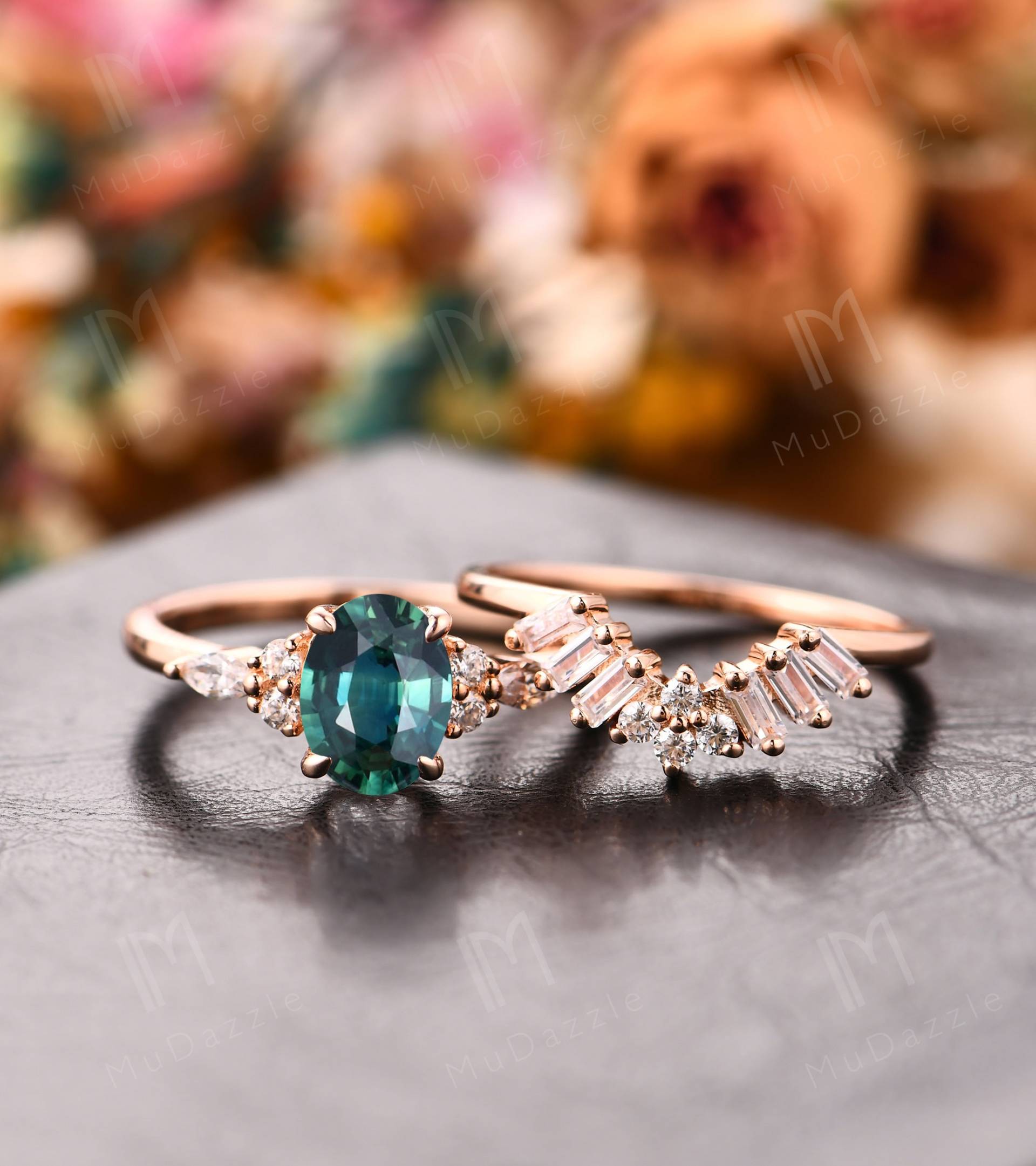 Natürlicher Saphir Ring Set/Damen Set Rosegold/Antik 1, 5Ct Oval Cut Natural Teal Braut von MuDazzle