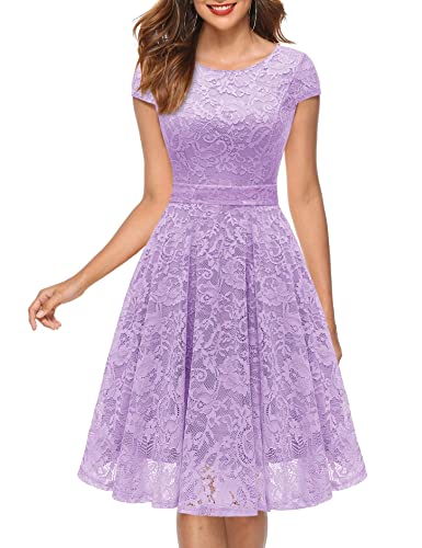 MuaDress 6008 Cocktailkleid Knielang Cape Ärmel Spitzen Brautjungfernkleid Floral Elegant Lavender XXL von MuaDress