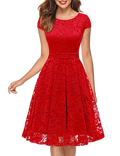 MuaDress 6008 Cocktailkleid Knielang Cape Ärmel Spitzen Brautjungfernkleid Floral Elegant Rot XS von MuaDress