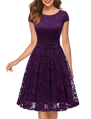 MuaDress 6008 Cocktailkleid Knielang Cape Ärmel Spitzen Brautjungfernkleid Floral Elegant Violett S von MuaDress