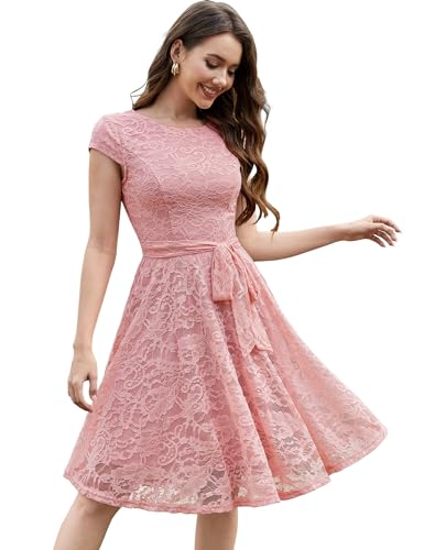 MuaDress 6008 Cocktailkleid Knielang Cape Ärmel Spitzen Brautjungfernkleid Floral Elegant Blush M von MuaDress