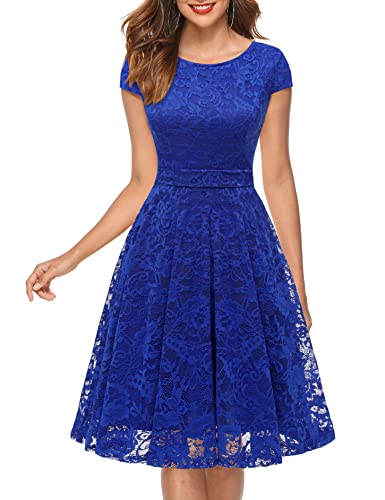 MuaDress 6008 Cocktailkleid Knielang Cape Ärmel Spitzen Brautjungfernkleid Floral Elegant Royalblau XS von MuaDress