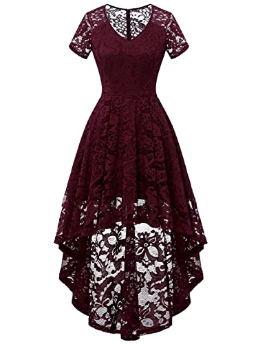 MuaDress 6066 Damen Spitzenkleid Cocktailkleid Abendkleid Festliches Brautjungfernkleid Elegant für Hochzeit Party Floral Kleid Ballkleid Burgundy XS von MuaDress