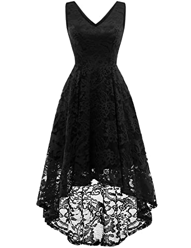 MuaDress 6666 Damen Cocktailkleid Spitzenkleid Brautjungferkleid V-Ausschnitt Festliche Abendkleider Elegant Vokuhila Hochzeit Ohne Arm Kleid Schwarz XS von MuaDress