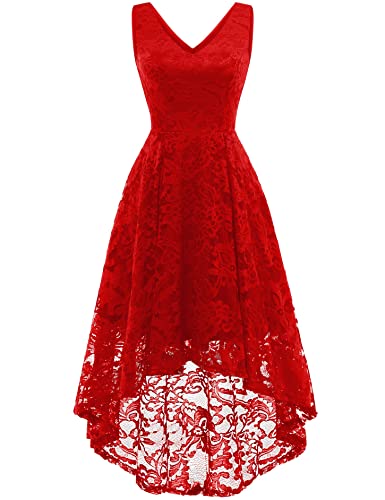 MuaDress 6666 Damen Cocktailkleid Spitzenkleid Brautjungferkleid V-Ausschnitt Festliche Abendkleider Elegant Vokuhila Hochzeit Ohne Arm Kleid Rot XS von MuaDress