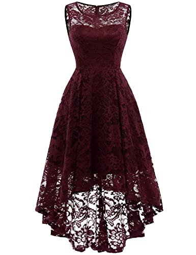 MuaDress Damen Spitzenkleid Elegant Vokuhila Cocktailkleid für Hochzeit Ärmellos Abendkleid Brautjungfer Kleid Burgundy 2XL von MuaDress