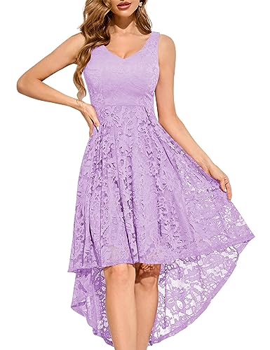 MuaDress 6666 Damen Cocktailkleid Spitzenkleid Brautjungferkleid V-Ausschnitt Festliche Abendkleider Elegant Vokuhila Hochzeit Ohne Arm Kleid Lavender M von MuaDress