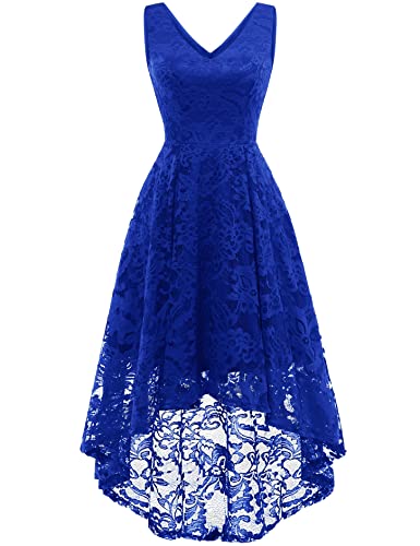 MuaDress 6666 Damen Cocktailkleid Spitzenkleid Brautjungferkleid V-Ausschnitt Festliche Abendkleider Elegant Vokuhila Hochzeit Ohne Arm Kleid Royalblau XS von MuaDress