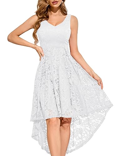 MuaDress 6666 Damen Cocktailkleid Spitzenkleid Brautjungferkleid V-Ausschnitt Festliche Abendkleider Elegant Vokuhila Hochzeit Ohne Arm Kleid Weiß XS von MuaDress