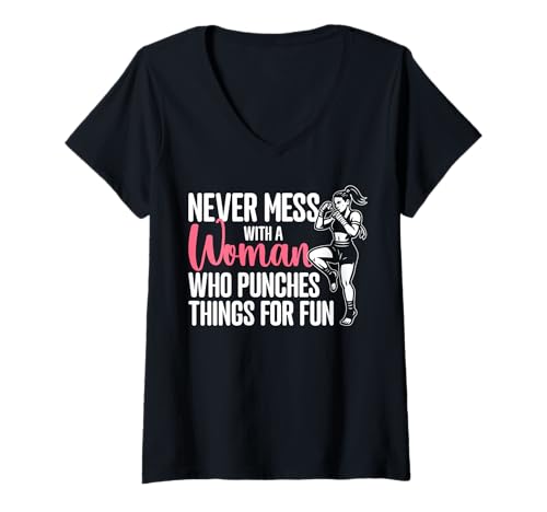 Damen Never Mess with A Woman Who Punches Things for Fun T-Shirt mit V-Ausschnitt von Muay Thai Design Thailand MMA
