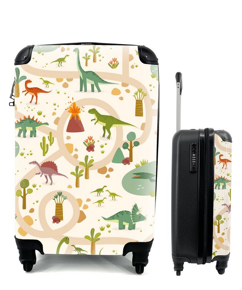 MuchoWow Handgepäckkoffer Dinosaurier - Vulkan - Kinder - Beige, 4 Rollen, Reisetasche mit rollen, Handgepäck für Ferien, Trolley, Reisekoffer von MuchoWow